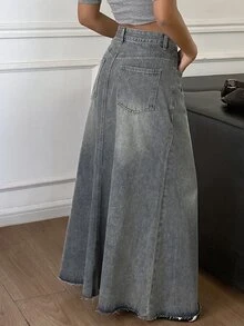 DAZY Women's High Waist A-Line Grey Frayed Hem Casual Denim Skirt, Autumn - Blue - View 2