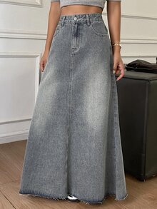 DAZY Women's High Waist A-Line Grey Frayed Hem Casual Denim Skirt, Autumn - Blue - View 5