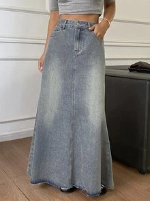 DAZY Women's High Waist A-Line Grey Frayed Hem Casual Denim Skirt, Autumn - Blue - View 4