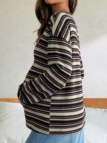 Dazy Maternity 對比色條紋寬鬆長袖圓領休閒度假韓風春秋孕婦T恤 - 棕色 - 查看 2