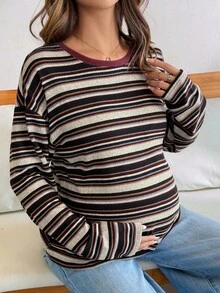 Dazy Maternity 對比色條紋寬鬆長袖圓領休閒度假韓風春秋孕婦T恤 - 棕色 - 查看 5