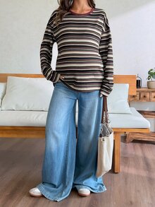 Dazy Maternity 對比色條紋寬鬆長袖圓領休閒度假韓風春秋孕婦T恤 - 棕色 - 查看 3