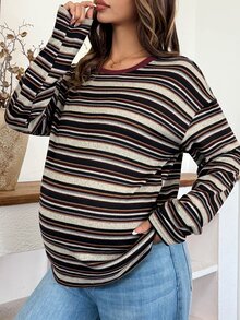 Dazy Maternity 對比色條紋寬鬆長袖圓領休閒度假韓風春秋孕婦T恤 - 棕色 - 查看 7