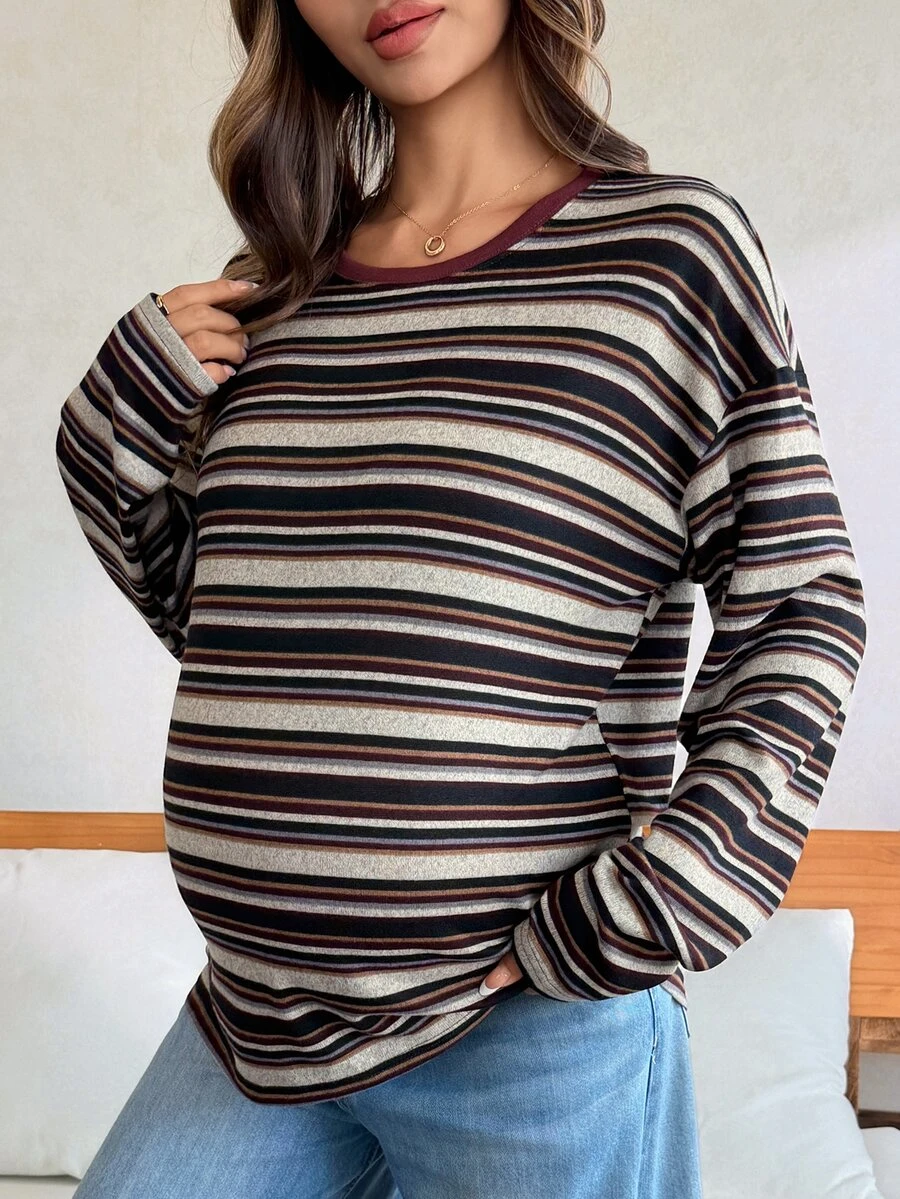 Dazy Maternity 對比色條紋寬鬆長袖圓領休閒度假韓風春秋孕婦T恤 - 棕色 - 查看 1