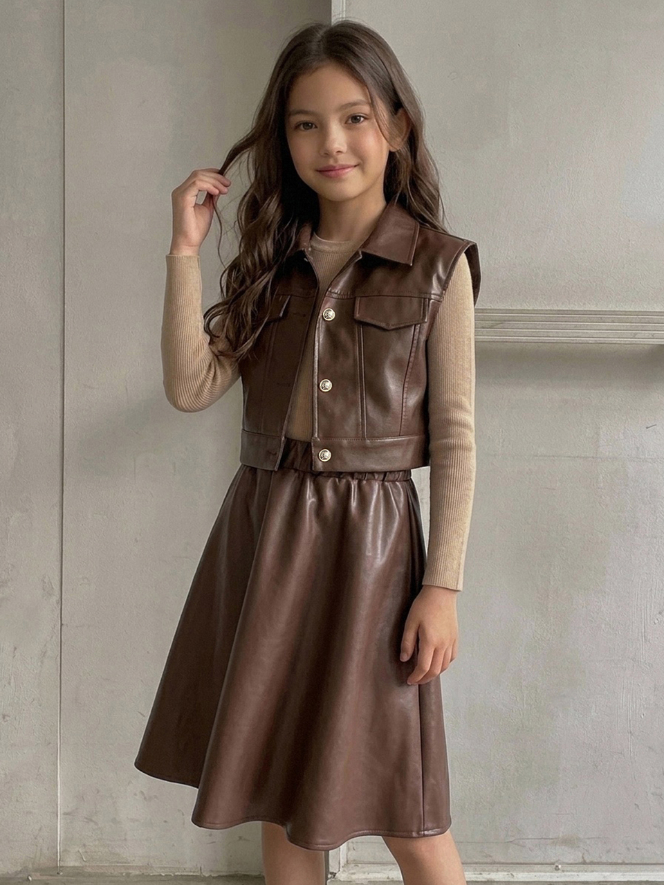 Tween Girls Coffee Color Loose A-Line PU Leather Skirt & Vest Jacket Set Fall