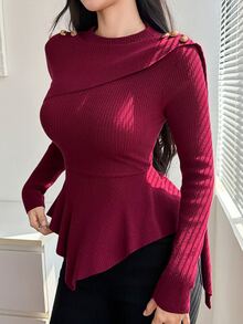 DAZY Women's Vintage Button Asymmetrical Ruffle Hem Sweater Fall - Red - View 8