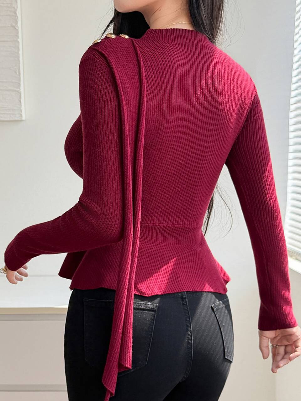 Women's Vintage Button Asymmetrical Ruffle Hem Sweater Fall