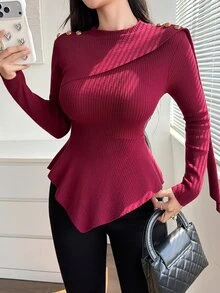 DAZY Women's Vintage Button Asymmetrical Ruffle Hem Sweater Fall - Red - View 9