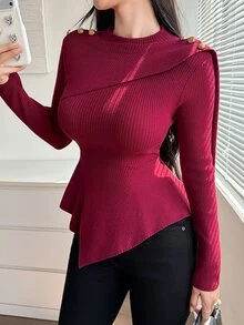 DAZY Women's Vintage Button Asymmetrical Ruffle Hem Sweater Fall - Red - View 4