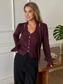 DAZY Women's 2 Pieces Sweater Set, V-Neck Long Sleeve Waist-Cinching Camisole And Cardigan, Burgundy, Casual Commuter Style, Autumn Winter - Red Violet - View 5