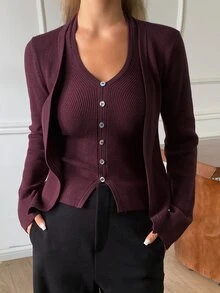 DAZY Women's 2 Pieces Sweater Set, V-Neck Long Sleeve Waist-Cinching Camisole And Cardigan, Burgundy, Casual Commuter Style, Autumn Winter - Red Violet - View 3