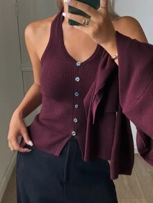 DAZY Women's 2 Pieces Sweater Set, V-Neck Long Sleeve Waist-Cinching Camisole And Cardigan, Burgundy, Casual Commuter Style, Autumn Winter - Red Violet - View 1