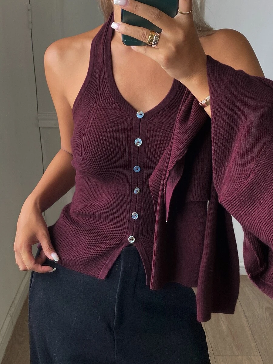 DAZY Women's 2 Pieces Sweater Set, V-Neck Long Sleeve Waist-Cinching Camisole And Cardigan, Burgundy, Casual Commuter Style, Autumn Winter - Red Violet - View 1