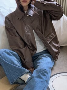 DAZY Jaket Kasual Wanita Warna Polos, Potongan Longgar, Kerah Panjang, Lengan Panjang, Resleting, untuk Liburan Musim Semi dan Gugur. - Coffee Brown - View 4