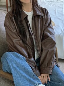 DAZY Jaket Kasual Wanita Warna Polos, Potongan Longgar, Kerah Panjang, Lengan Panjang, Resleting, untuk Liburan Musim Semi dan Gugur. - Coffee Brown - View 3