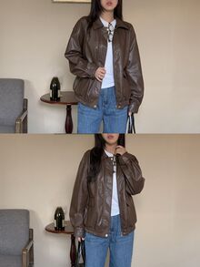 DAZY Jaket Kasual Wanita Warna Polos, Potongan Longgar, Kerah Panjang, Lengan Panjang, Resleting, untuk Liburan Musim Semi dan Gugur. - Coffee Brown - View 6