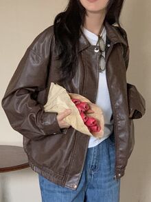 DAZY Jaket Kasual Wanita Warna Polos, Potongan Longgar, Kerah Panjang, Lengan Panjang, Resleting, untuk Liburan Musim Semi dan Gugur. - Coffee Brown - View 1