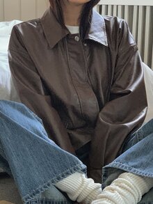DAZY Jaket Kasual Wanita Warna Polos, Potongan Longgar, Kerah Panjang, Lengan Panjang, Resleting, untuk Liburan Musim Semi dan Gugur. - Coffee Brown - View 5