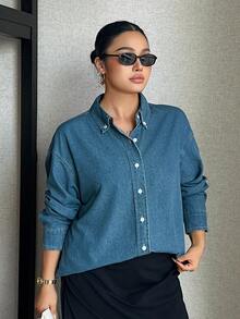 Dazy Plus Kemeja Kasual Longgar Biru Pudar Berkerah Lengan Panjang Warna Vintage untuk Musim Semi, Musim Panas, dan Musim Gugur, Koleksi Terbaru - Medium Wash - View 4