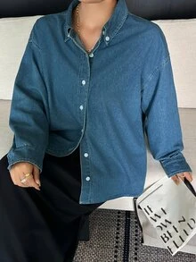 Dazy Plus Kemeja Kasual Longgar Biru Pudar Berkerah Lengan Panjang Warna Vintage untuk Musim Semi, Musim Panas, dan Musim Gugur, Koleksi Terbaru - Medium Wash - View 8