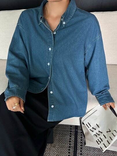 Dazy Plus Vintage Washed Blue Loose Casual Shirt Collar Long Sleeve Spring Summer Autumn New Arrival