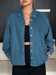 Dazy Plus Kemeja Kasual Longgar Biru Pudar Berkerah Lengan Panjang Warna Vintage untuk Musim Semi, Musim Panas, dan Musim Gugur, Koleksi Terbaru - Medium Wash - View 7