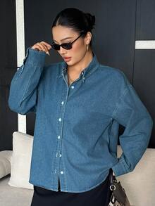 Dazy Plus Kemeja Kasual Longgar Biru Pudar Berkerah Lengan Panjang Warna Vintage untuk Musim Semi, Musim Panas, dan Musim Gugur, Koleksi Terbaru - Medium Wash - View 5