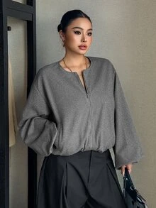 Livesso Small Round Neck Loose Lantern Sleeve Design Jacket, New Autumn/Winter Blogger Casual Outfit Wool Blend - Grey - View 5