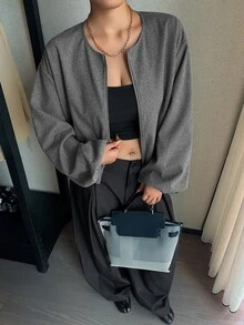 Livesso Small Round Neck Loose Lantern Sleeve Design Jacket, New Autumn/Winter Blogger Casual Outfit Wool Blend - Grey - View 7