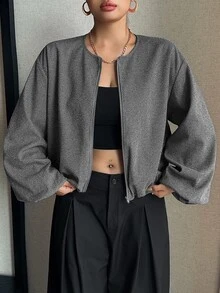 Livesso Small Round Neck Loose Lantern Sleeve Design Jacket, New Autumn/Winter Blogger Casual Outfit Wool Blend - Grey - View 8