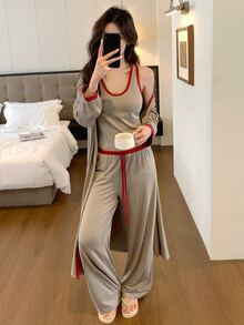DAZY Set Pakaian Santai Wanita Musim Gugur: Atasan Tanpa Lengan dengan Trim Kontras, Jubah, dan Celana - Khaki - View 3