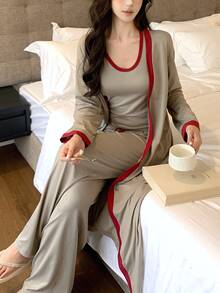 DAZY Set Pakaian Santai Wanita Musim Gugur: Atasan Tanpa Lengan dengan Trim Kontras, Jubah, dan Celana - Khaki - View 1