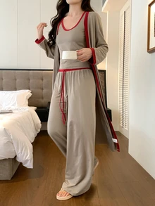 DAZY Set Pakaian Santai Wanita Musim Gugur: Atasan Tanpa Lengan dengan Trim Kontras, Jubah, dan Celana - Khaki - View 7