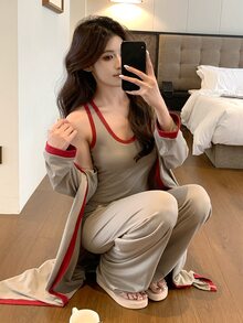 DAZY Set Pakaian Santai Wanita Musim Gugur: Atasan Tanpa Lengan dengan Trim Kontras, Jubah, dan Celana - Khaki - View 5