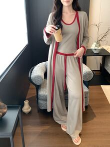 DAZY Set Pakaian Santai Wanita Musim Gugur: Atasan Tanpa Lengan dengan Trim Kontras, Jubah, dan Celana - Khaki - View 6