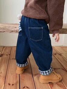 DAZY Baby Boy Autumn/Winter Washed Versatile Pocket Plaid Patchwork Denim Jeans - Dark Wash - View 1