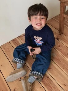 DAZY Baby Boy Autumn/Winter Washed Versatile Pocket Plaid Patchwork Denim Jeans - Dark Wash - View 6