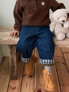 DAZY Baby Boy Autumn/Winter Washed Versatile Pocket Plaid Patchwork Denim Jeans - Dark Wash - View 5