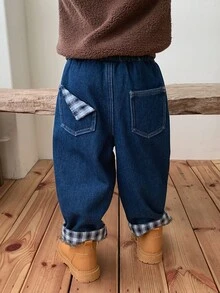 DAZY Baby Boy Autumn/Winter Washed Versatile Pocket Plaid Patchwork Denim Jeans - Dark Wash - View 4