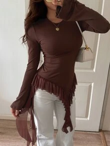 Livesso Women's Elegant Solid Color Ruffle Hem T-Shirt Fall - Brown - View 7