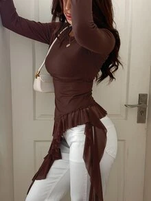 Livesso Women's Elegant Solid Color Ruffle Hem T-Shirt Fall - Brown - View 4