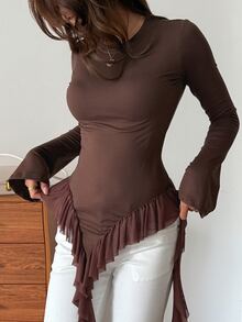 Livesso Women's Elegant Solid Color Ruffle Hem T-Shirt Fall - Brown - View 3