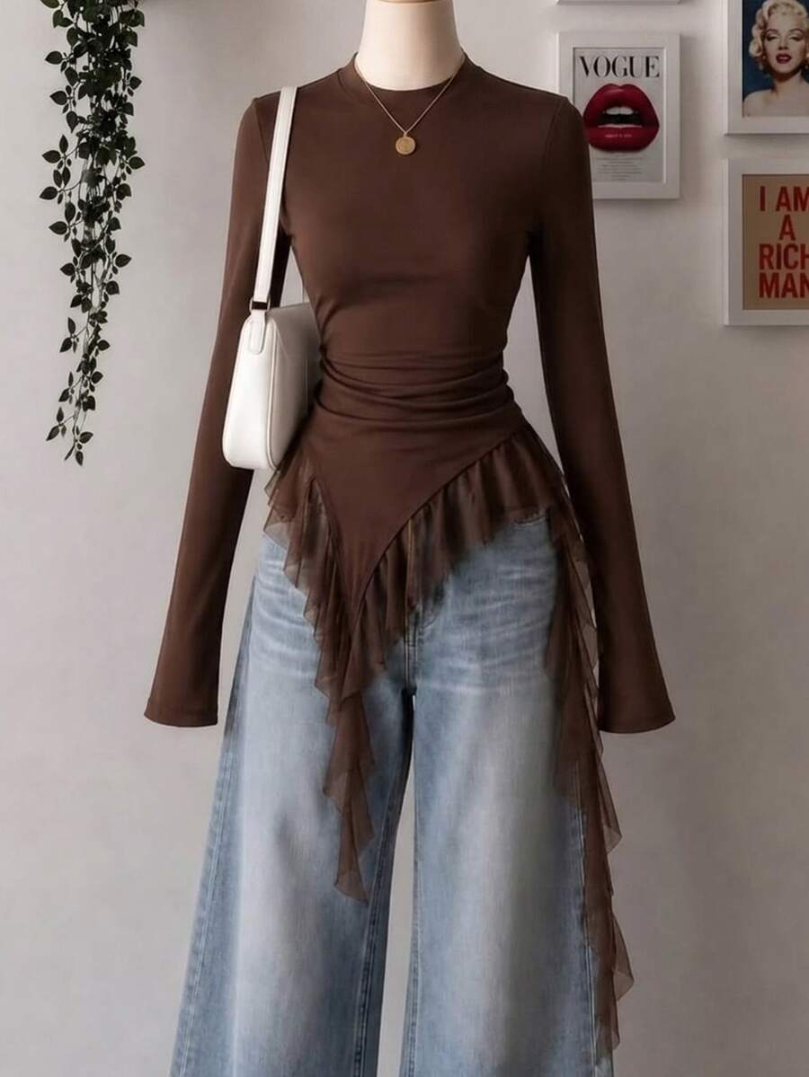 Livesso Women's Elegant Solid Color Ruffle Hem T-Shirt Fall - Brown - View 1
