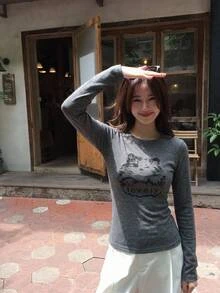 DAZY Autumn/Winter Long Sleeve Cute Cat Cartoon Print Letter Pattern Dark Gray Slim Fit Base Layer Casual Daily Home Sweet Women's T-Shirt Y2k Graphic Tees - Dark Grey - View 3