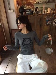DAZY Autumn/Winter Long Sleeve Cute Cat Cartoon Print Letter Pattern Dark Gray Slim Fit Base Layer Casual Daily Home Sweet Women's T-Shirt Y2k Graphic Tees - Dark Grey - View 6