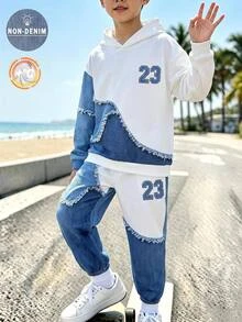 SHEIN 2件組兒童青少年男孩休閒運動風仿丹寧效果連帽衛衣與牛仔褲套裝，適合秋冬、學校、家庭聚會、度假、派對，男孩秋冬穿搭套裝 - 彩色 - 查看 3
