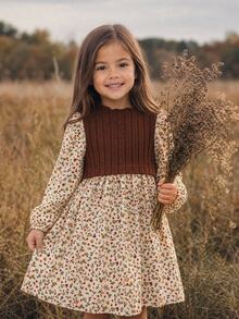 Emery Rose Kids Emery Rose Kids 女童小女孩針織荷葉領拼接花卉泡泡袖休閒洋裝 - 彩色 - 查看 1