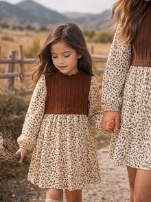 Emery Rose Kids Emery Rose Kids 女童小女孩針織荷葉領拼接花卉泡泡袖休閒洋裝 - 彩色 - 查看 2