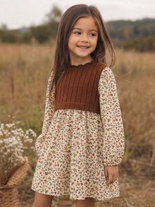 Emery Rose Kids Emery Rose Kids 女童小女孩針織荷葉領拼接花卉泡泡袖休閒洋裝 - 彩色 - 查看 3