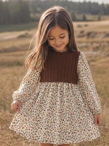 Emery Rose Kids Emery Rose Kids 女童小女孩針織荷葉領拼接花卉泡泡袖休閒洋裝 - 彩色 - 查看 4